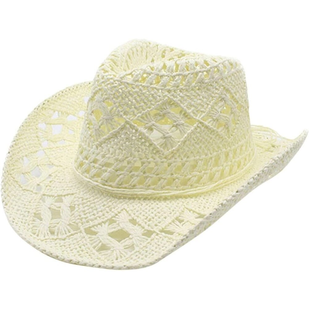 Cream Western Style Beige Cowboy Straw Hat & Rolled Brim One Size Fits Most Plai